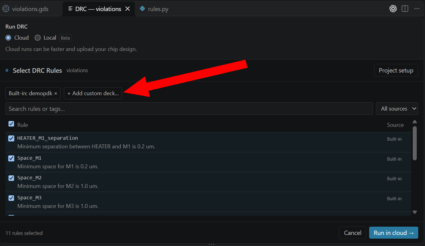 Cloud DRC panel for violations.gds with a red arrow pointing to Add custom deck beside the Built-in: demopdk chip.