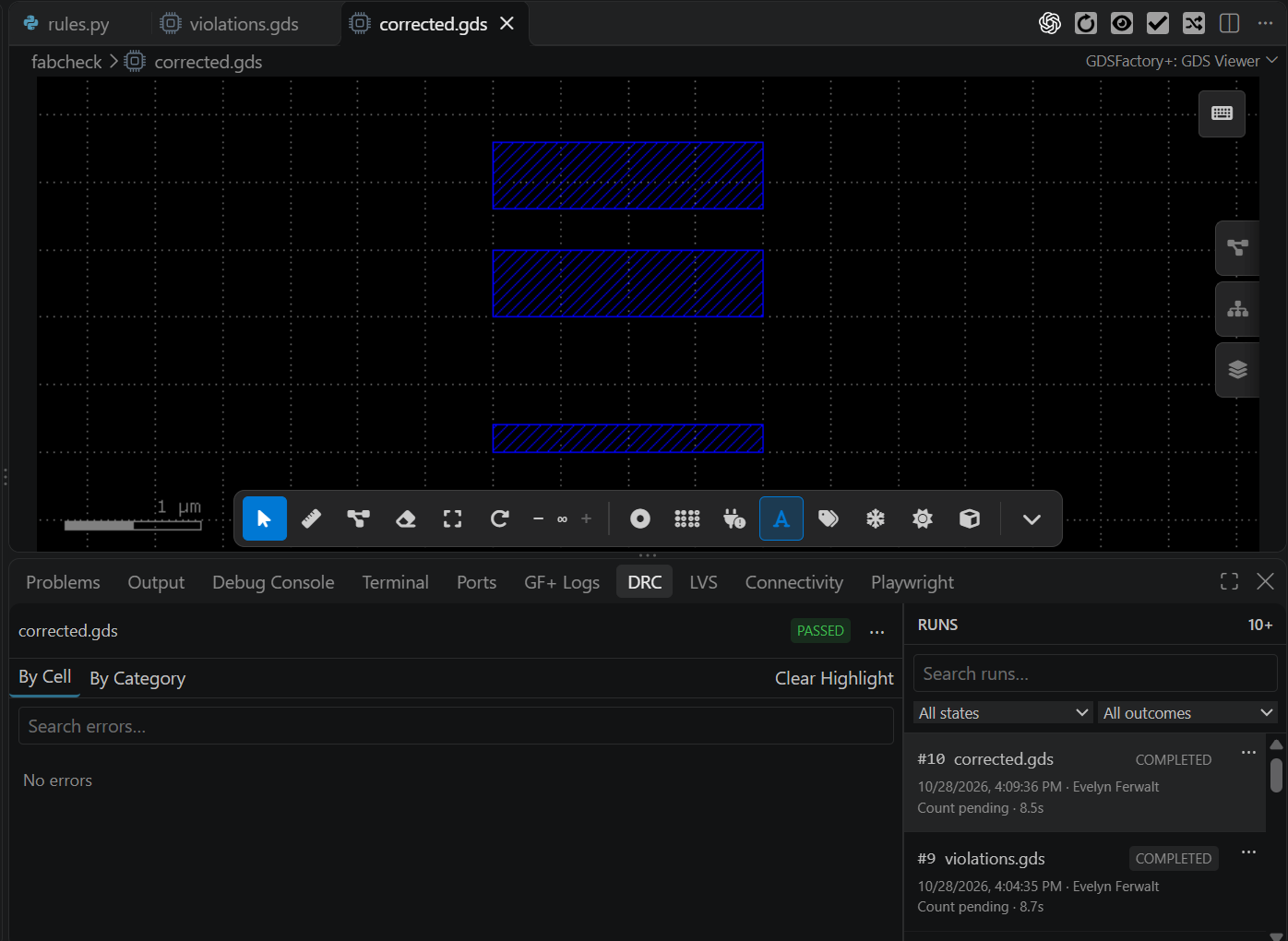 corrected.gds open in the layout viewer above the DRC panel, showing a completed Cloud run with a PASSED outcome and No errors.