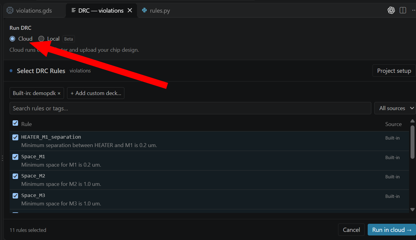 DRC panel for violations.gds with Cloud mode selected and a red arrow pointing to the Cloud option.