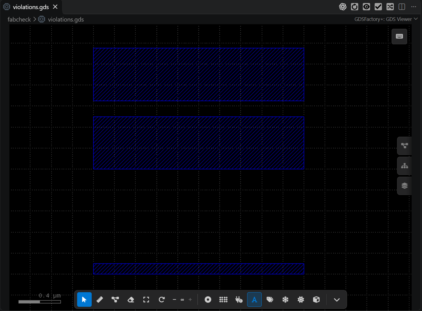 violations.gds open in the GF+ layout viewer, showing two wide blue hatched rectangles separated by a narrow gap above a separate thin rectangle.