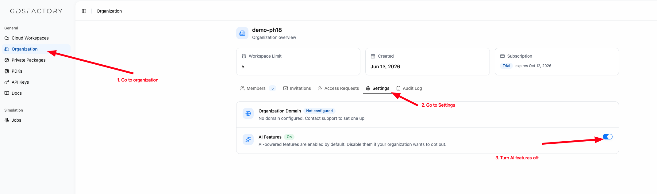 Organization settings showing the AI Features toggle