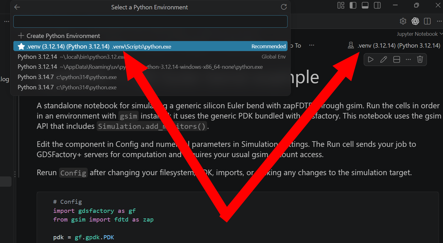 Euler bend notebook open in VS Code with the project venv selected
