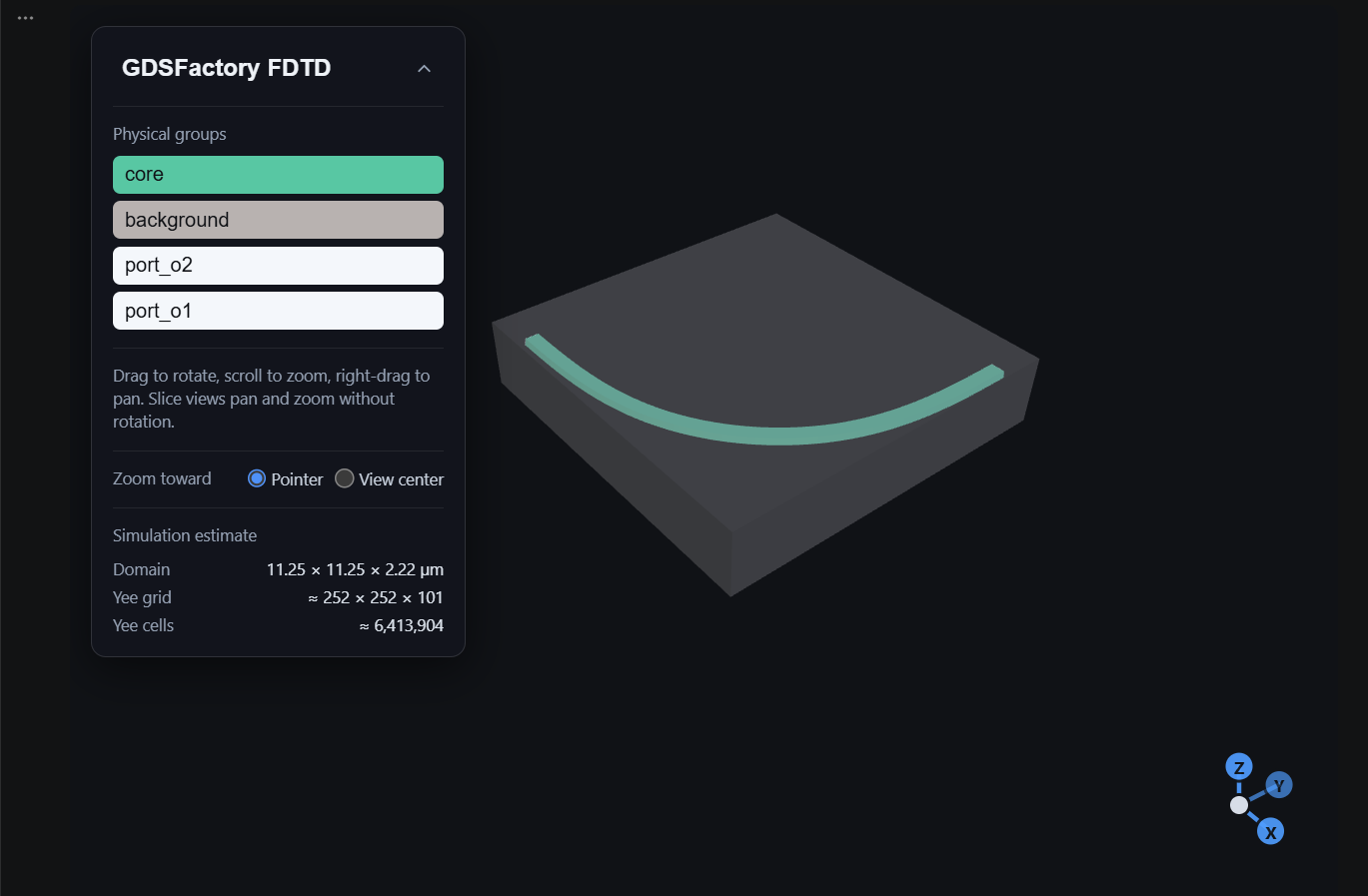 3D preview of the Euler bend, material stack, and simulation domain