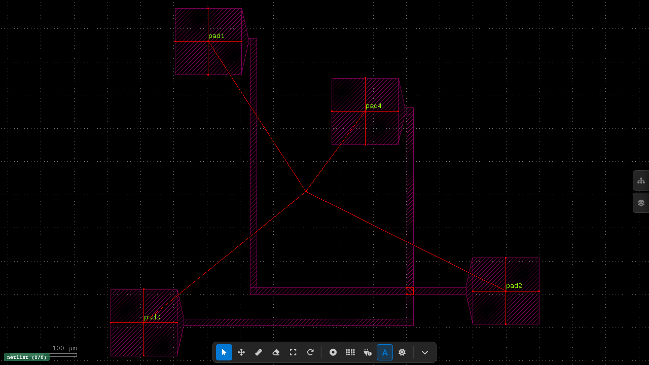LVS layout view showing a routed pad network