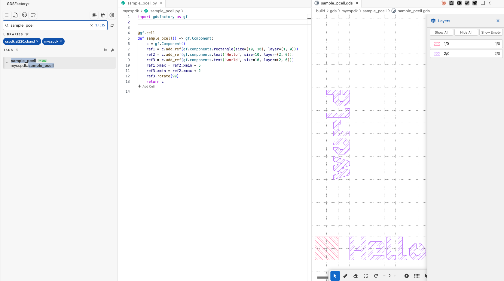 Python component code beside its GDS result