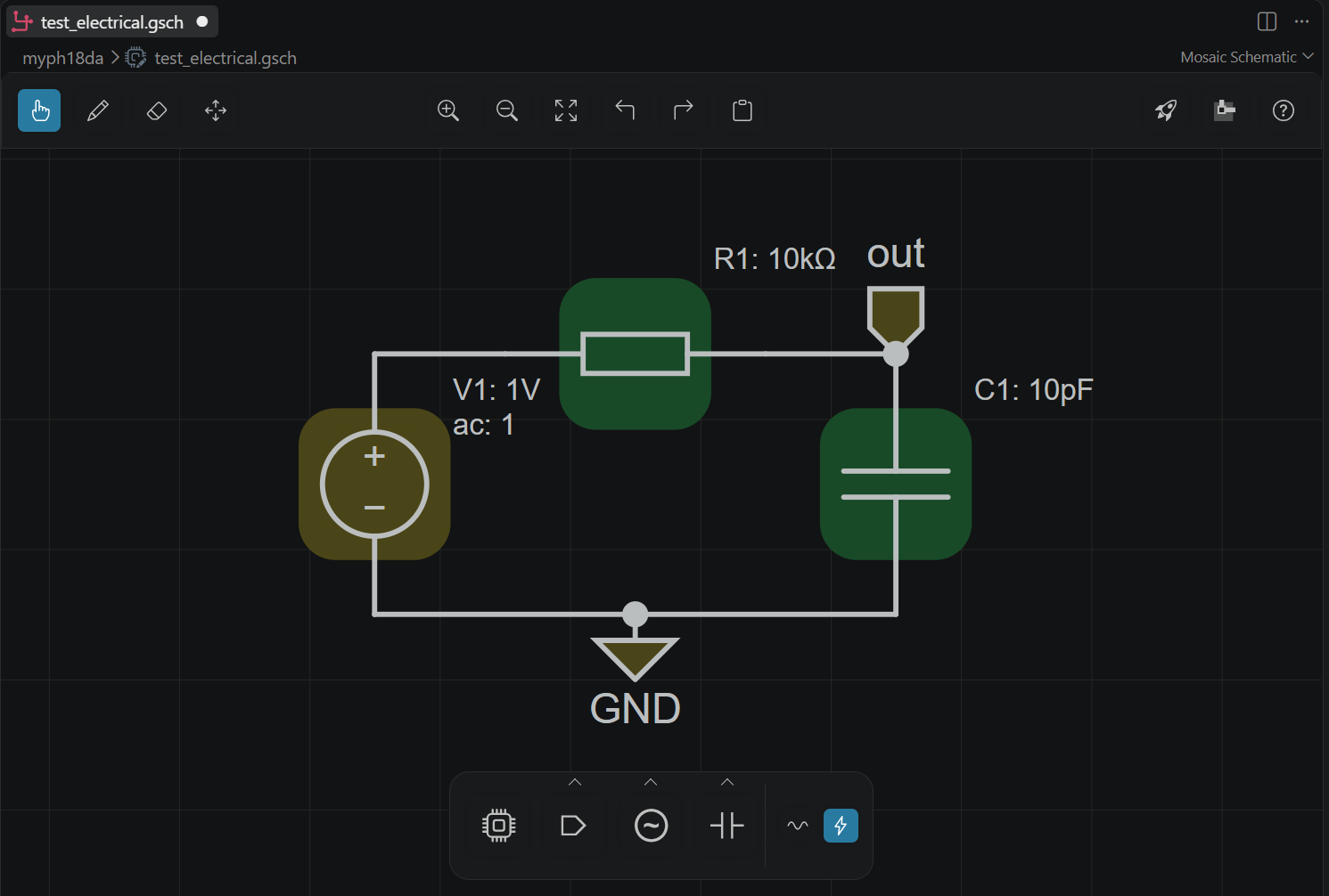 Electrical RC circuit in the GDSFactory+ schematic editor